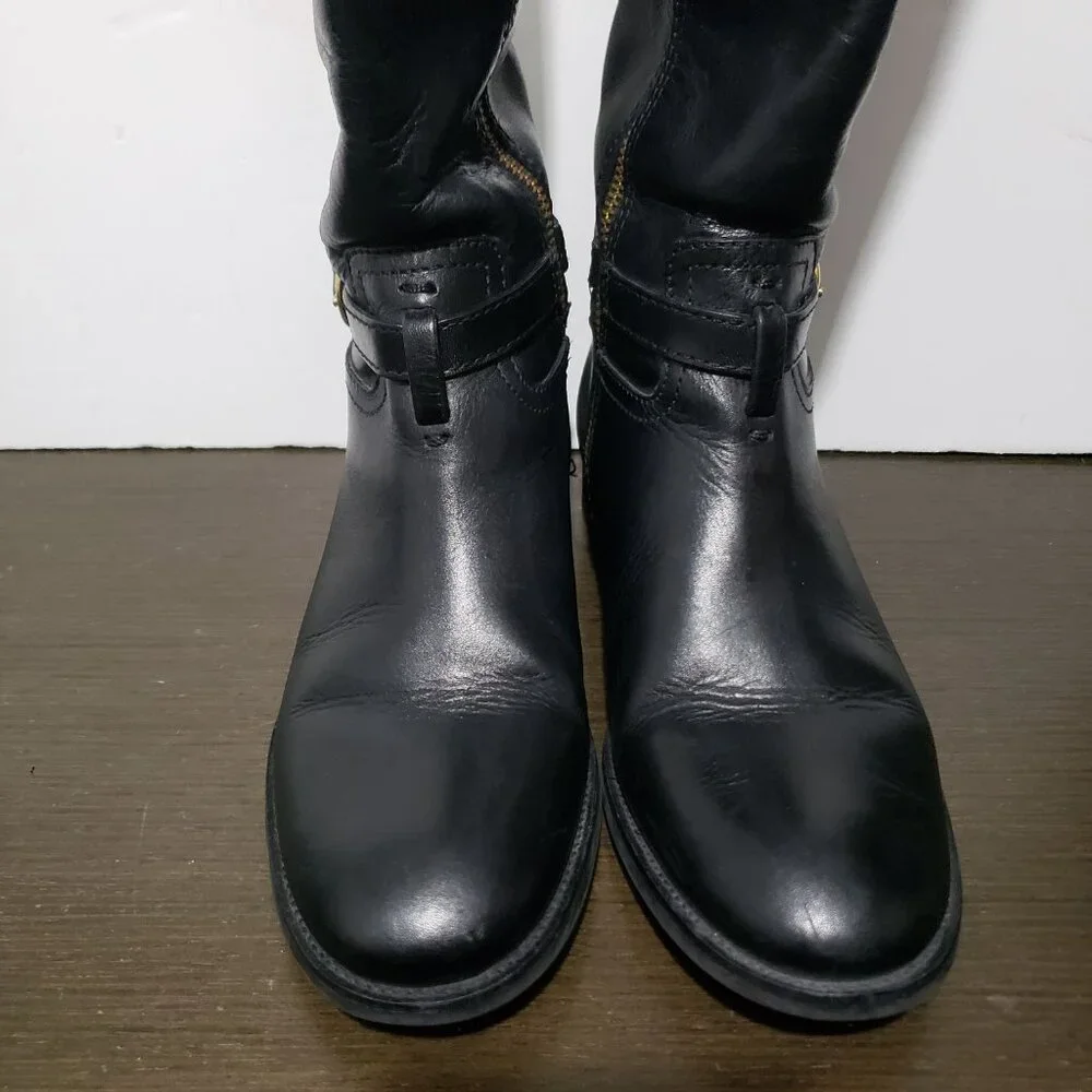Tory Burch 5207 Nadine Riding Black Leather Boots Gold Logo Sz 6 $495